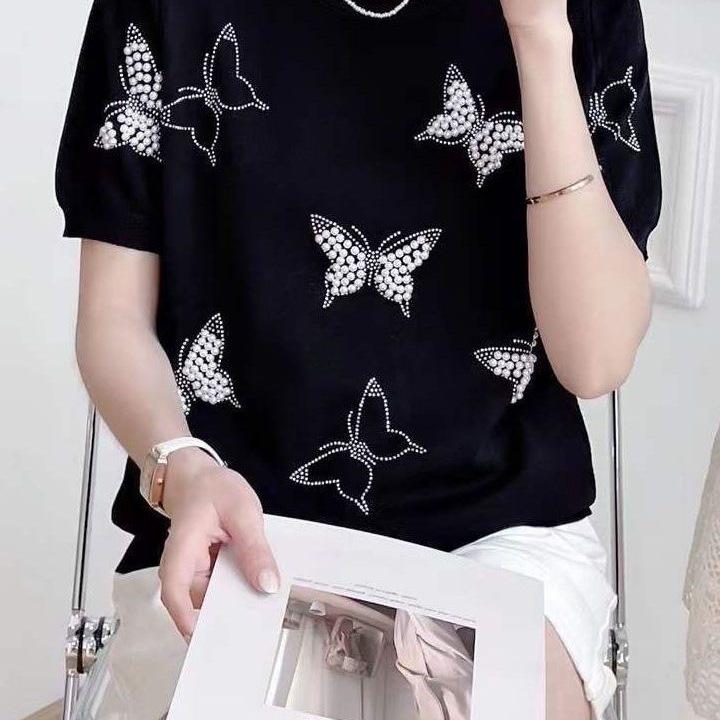 Women's Summer 2025 Butterfly Rhinestone Knitted Top - Ice Silk Short Sleeve, Versatile Round Neck T-Shirt