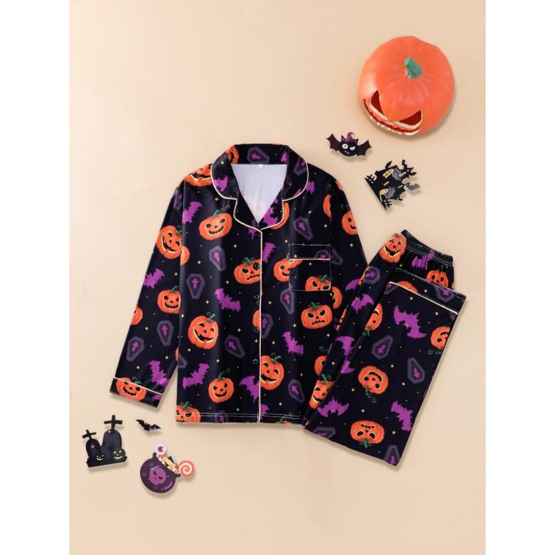 Womens Long Sleeve Pajama Set With Lapel Collar Cartoon Print Loose Fit Winter Home Wear