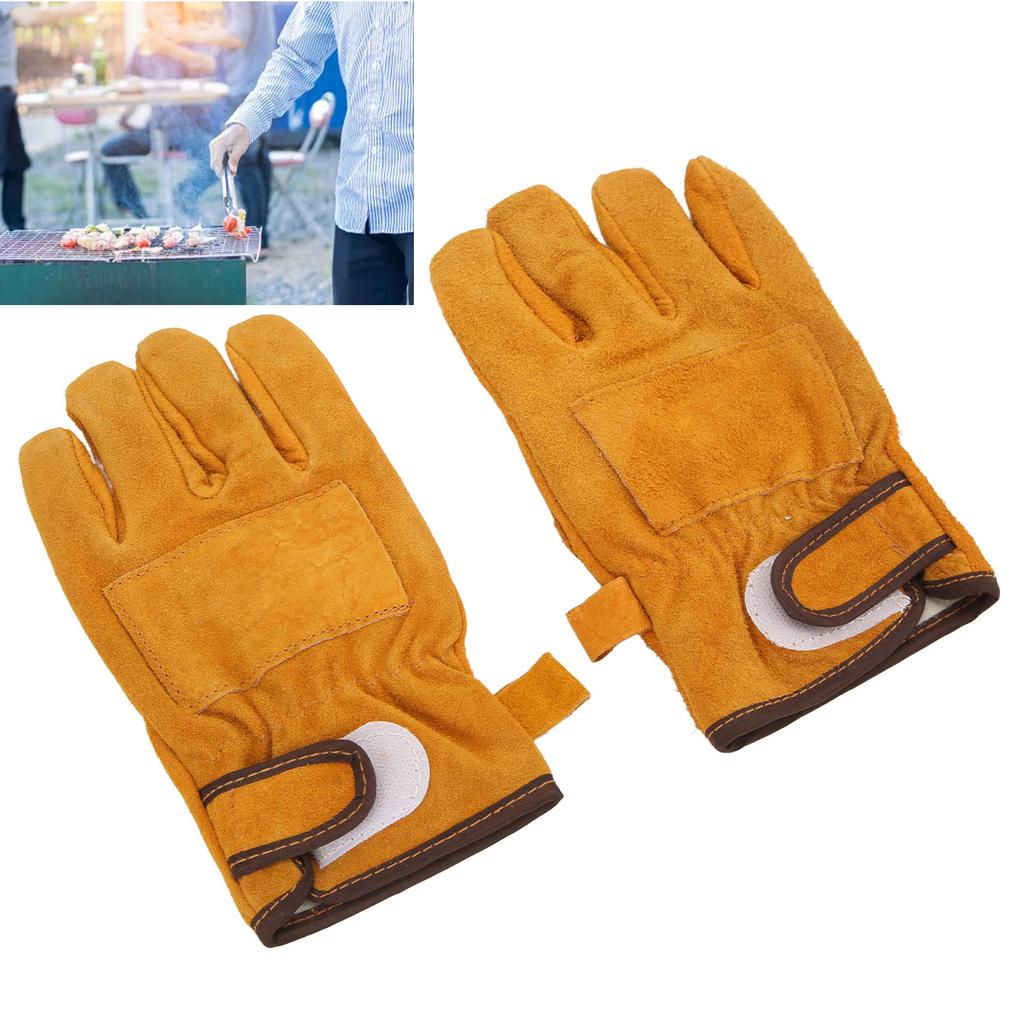 Heat Resistant Gloves Calf Leather Polyester Hand   BBQ Grill Oven Mitts Short Type