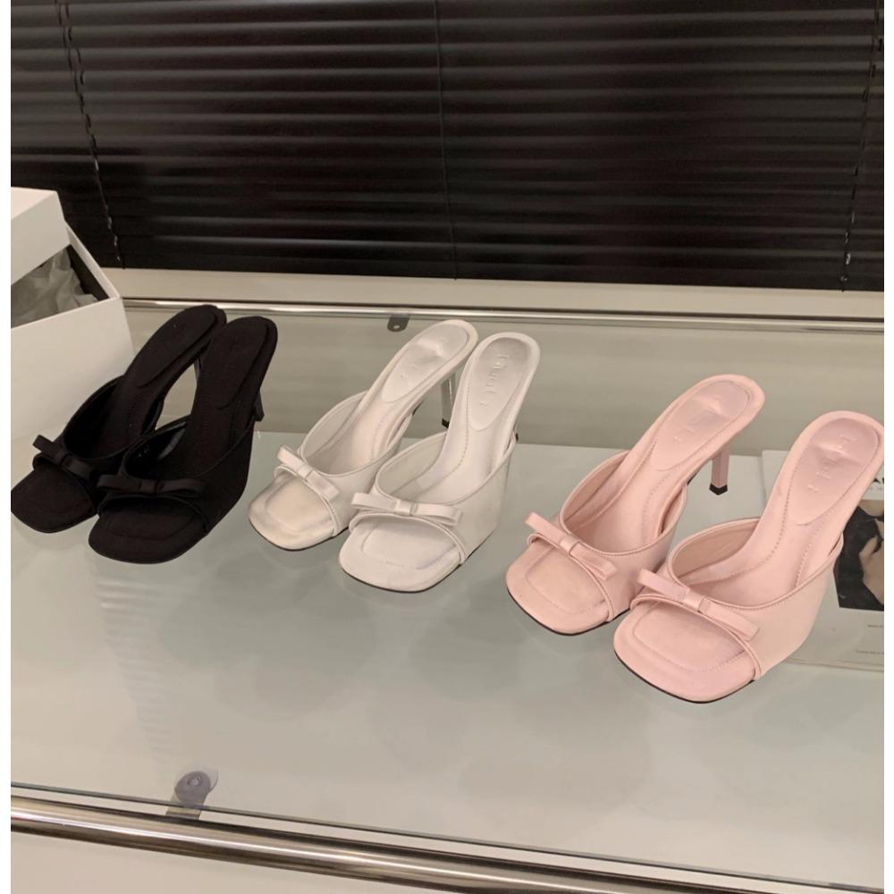 New Women's Slipper Mules Low High Heels Shoes Summer Best Street Look Females Square Head Open Toe Bow Strappy Sandals