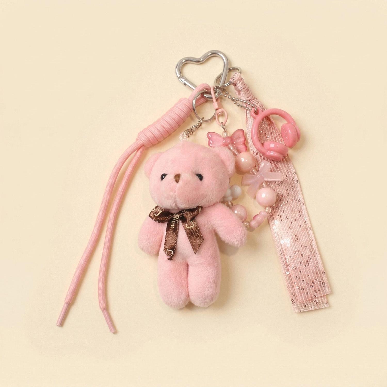 Cute Cartoon Plush Rabbit & Bear Heart Keychain Charm with Bow Tie
