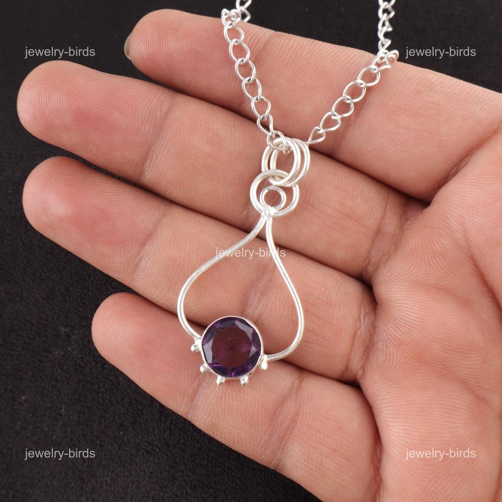 Round Amethyst Stone 925 Silver Daughter Gift Engagement Elegant Wedding Pendant PP-40-1