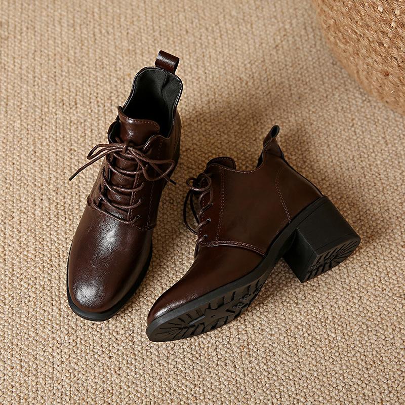 Plus Size Pointy Toe Lace-Up Boots,Chunky Mid Heel Retro Martin Boots for Women
