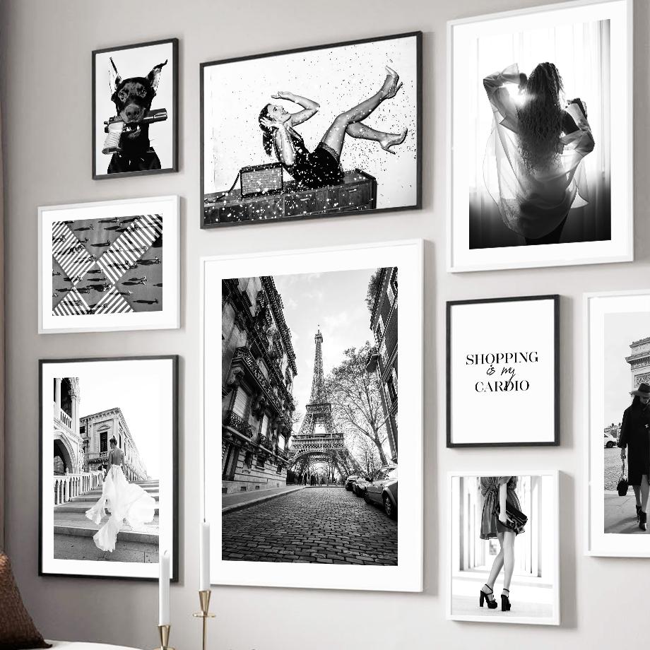 Paris Tower Fashion Girl Star Dog Black White Photos Posters Wall Art Canvas Prints Painting Picture for Living Room Home Decor