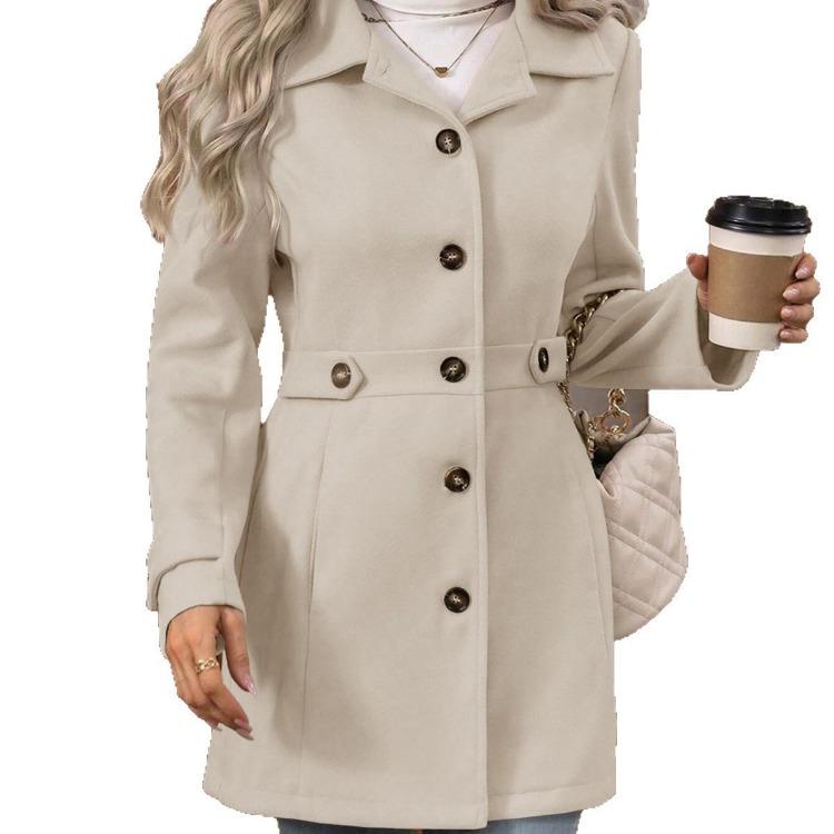 Elegant Slim Fit Woolen Coat Autumn Winter Tweed Outerwear Mid-Length Button Lapel Collar Durable Fashionable