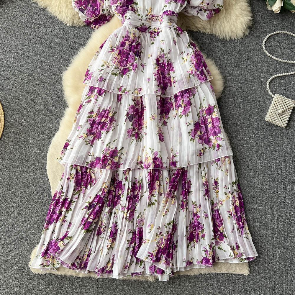 French temperament collar bubble sleeve printed dress women's summer new women's clothing high-end pleated