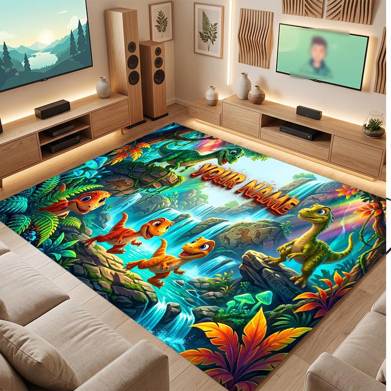 Dinosaur Theme Soft Crystal Velvet Rug Custom Name & Text Print Non Slip Floor Rug for Bedroom Living Room