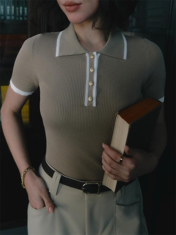 Pletený svetr pulovr dámský krátký rukáv patchwork slim klopa elegantní kontrastní pletenina top dámský úzký žebrovaný pulovr