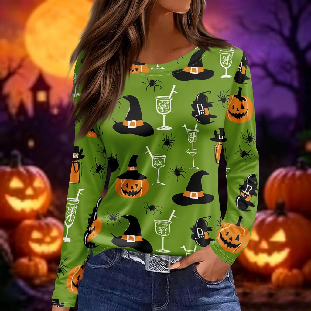 Women Fashion Long Sleeve Crew Neck Top Halloween Print Split Hem Casual Blouse Lightweight Comfortable Fit