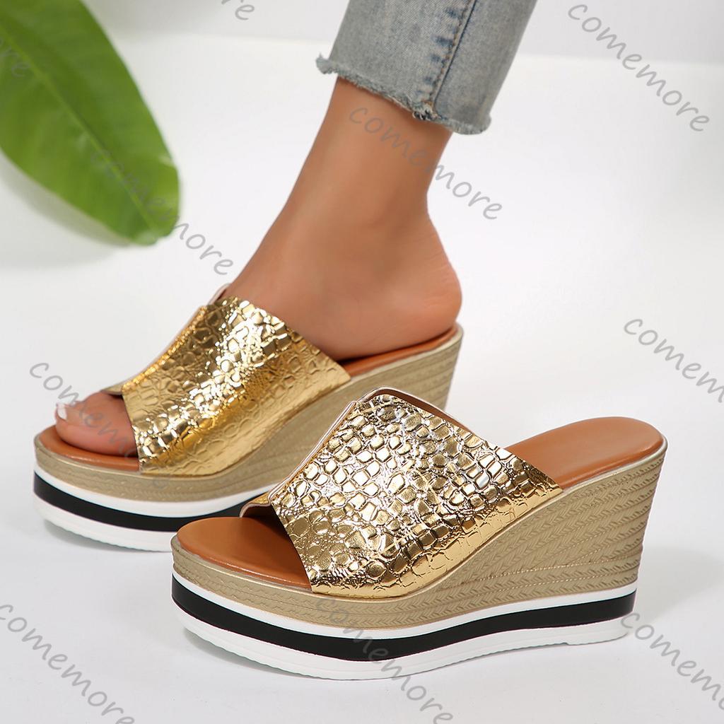 Oslavte Zlaté Stříbrné Robustní Platformové Sandály Dámské 2025 Léto Plus Size Klínky Pantofle Žena Venkovní Vysoké Podpatky Sandály Ženské