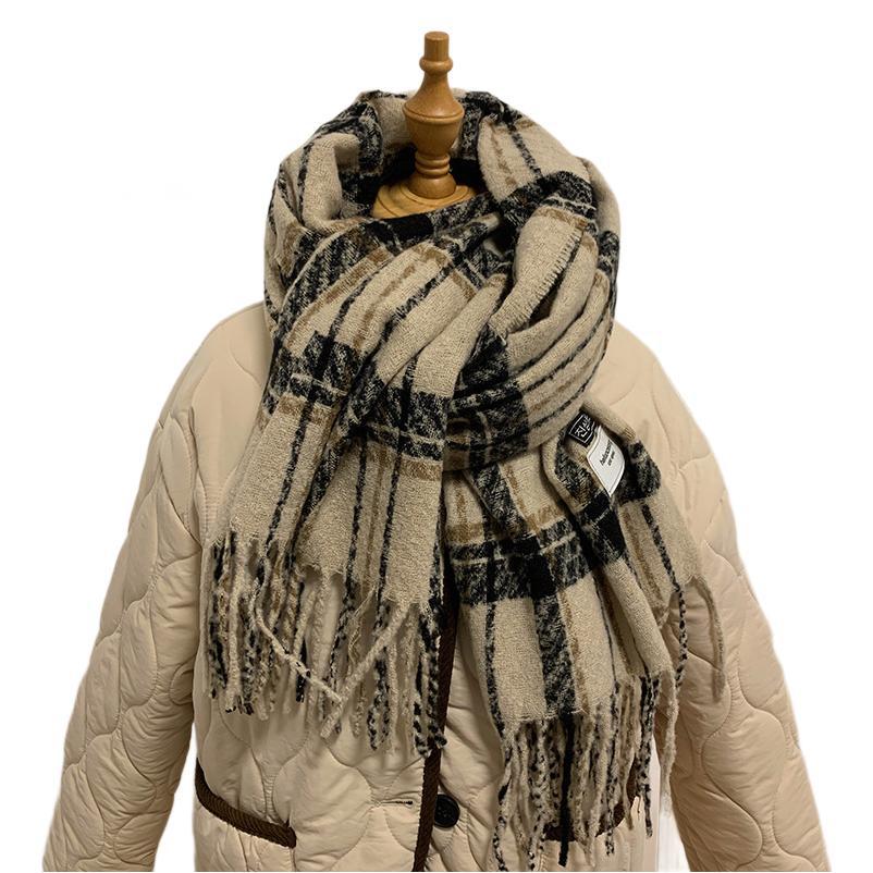 New plaid scarf women's winter thickened warm retro versatile high-end shawl scarf student autumn and winter