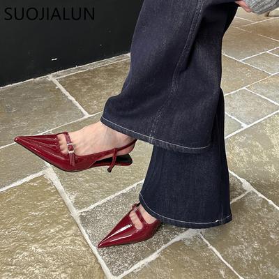 Fashion SUOJIALUN Spring New Women Pointed Toe Sandal Shoes Fashion Shallow Slip On Ladies Elegant Slingback Shoes Thin Low Heel Pumps