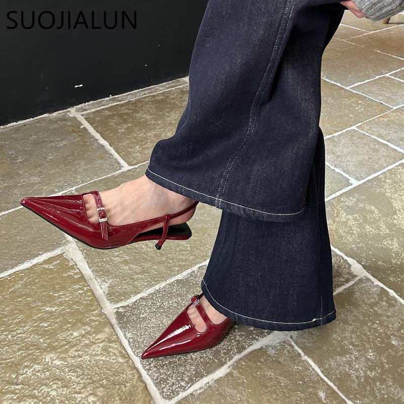 Mode SUOJIALUN Frühling Neue Damen Spitzschuh Sandalenschuhe Mode Flach Slipper Damen Elegant Slingback Schuhe Dünne Niedrige Absatz Pumps