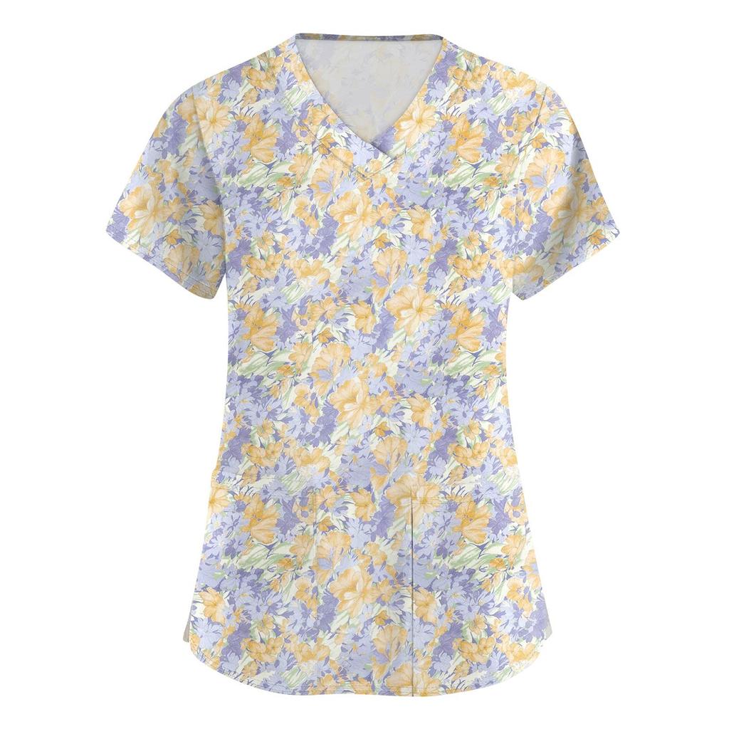 Women's Fashion Printed  Short Sleeve Care Workwear With Double Pockets Top