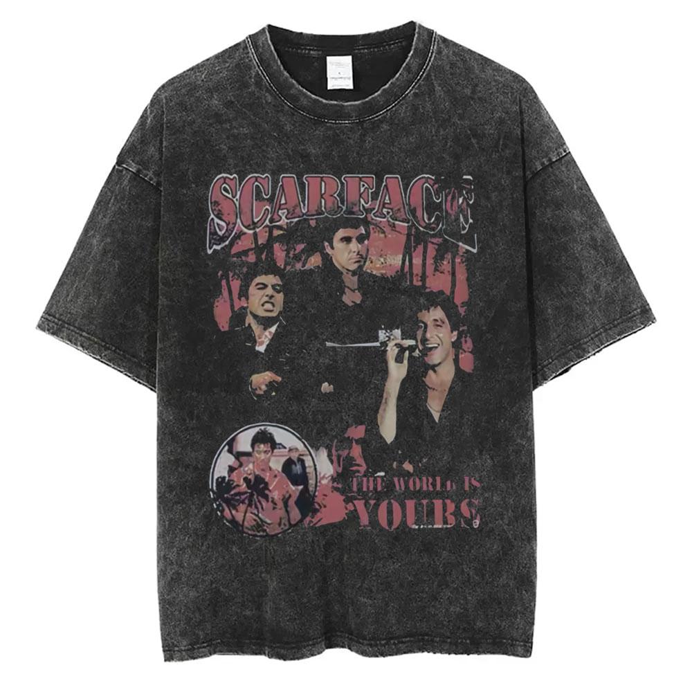 Movie Scarface Vintage Washed Tshirt Tony Montana Face Al Pacino Oversized Tshirts Men Women Fashion Hip Hop Gothic T Shirts