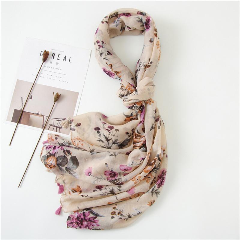 Fashion Printing Flower Tassel Shawl Cotton Viscose Scarf Women Beach Sunscreen Shawl Muslim Hijab Wrap Headscarf 180*90Cm