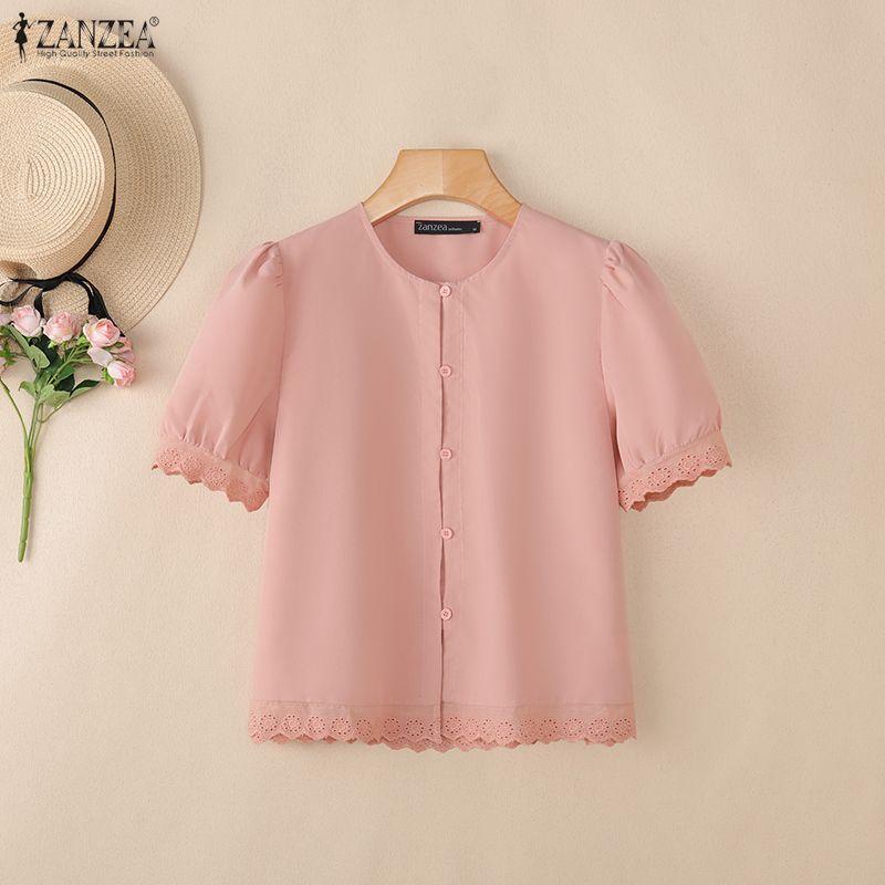 ZANZEA Dam Casual Rund Hals Sommar Kortärmad Blus