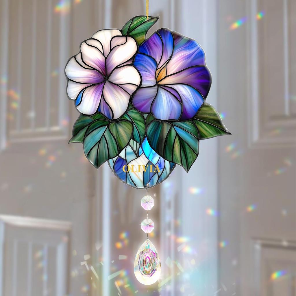 Rose Suncatcher - Birth Flower Gifts for Women, Birth Flower with Name Suncatcher Ornament with Crystal, for Mom, Grandma