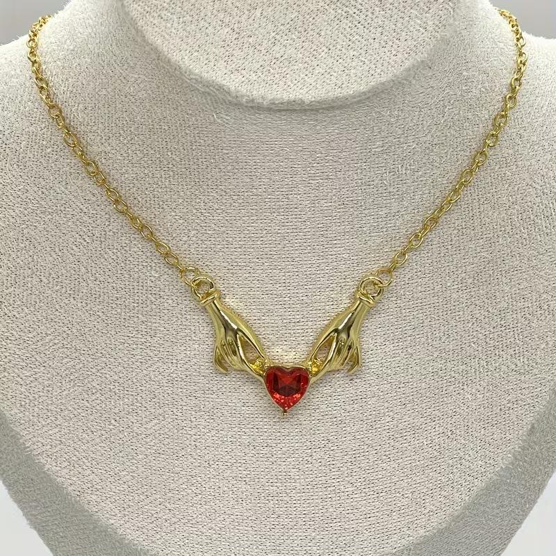 Creative God Hands Red Rhinestone Love Heart Charms Pendant Necklace for Women New Trendy Accessories Party Jewelry Gift