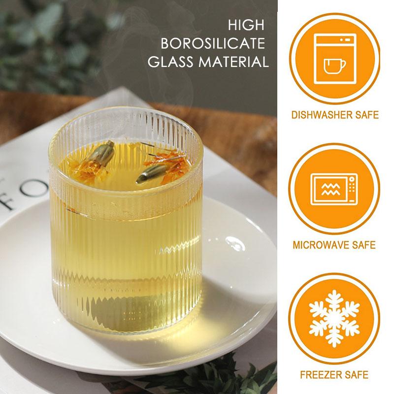10oz Premium Glass Coffee Mug with Handle – Classic Vertical Stripes Transparent Tea Cup for Hot/Cold Beverages (1/2 Pcs)