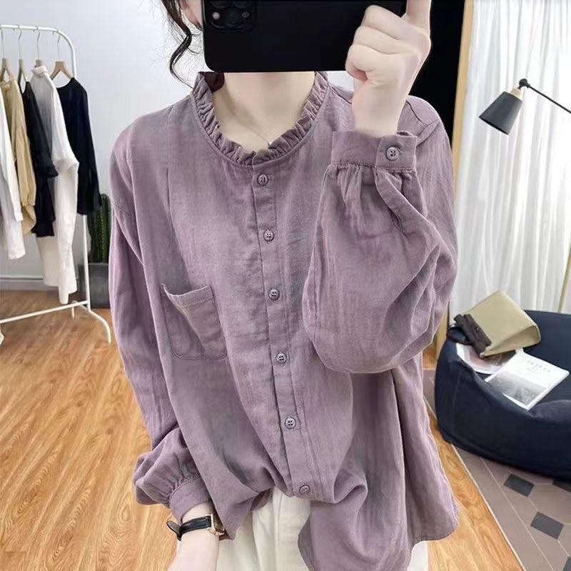 Long Sleeved Shirt for Women Solid Color Retro Loose Shirt Top for Women