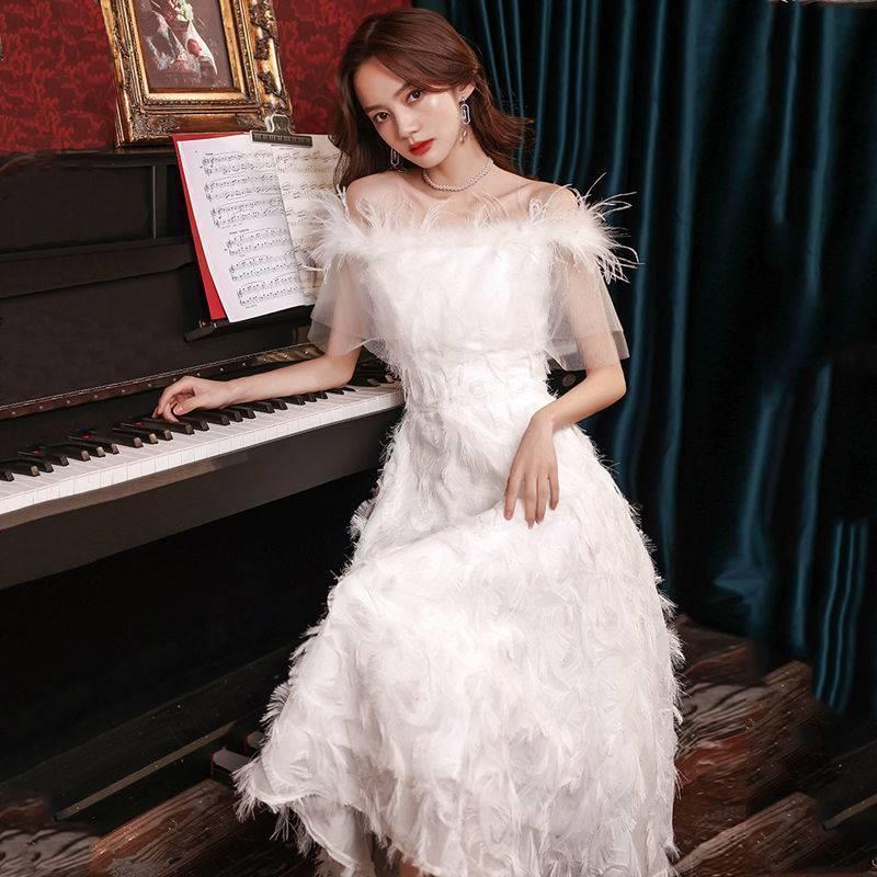 Small Evening Dress Dress Women's New White Temperament Bridesmaid Sisters Fairy Party Birthday Banquet Dress One-word Shoulder