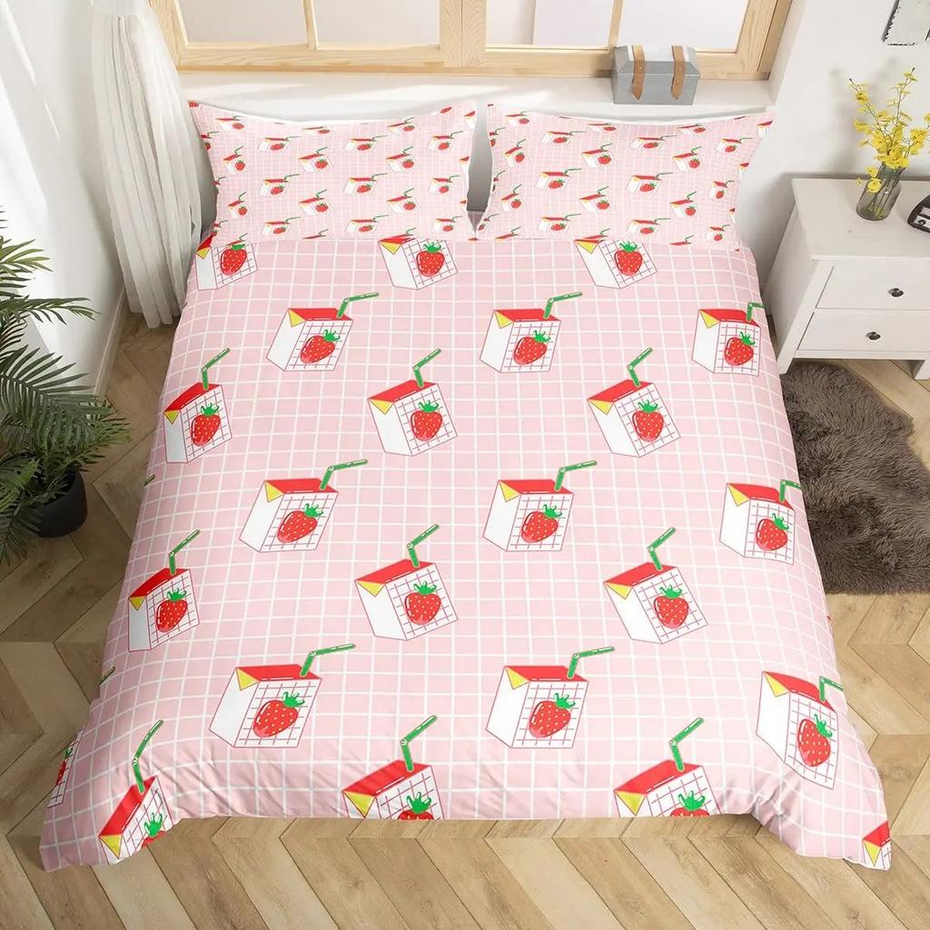 Sweet Strawberry Milk Duvet Cover King Queen Cute Bear Bedding Set Cartoon Fruits Animals Comforter Cover with 2 Pillowcases
