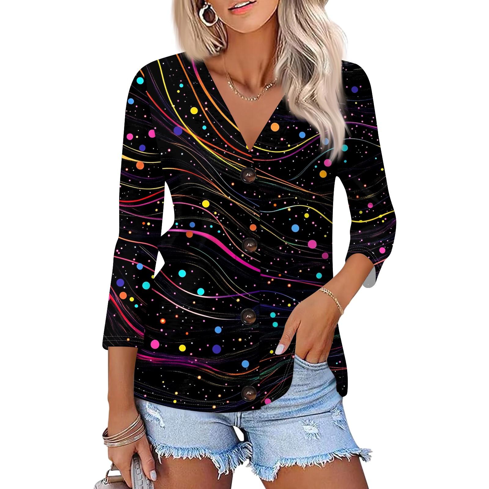 

Women s Fashion Casual Print Button-down Shirt 3/4 Long Sleeve Tops L чорний