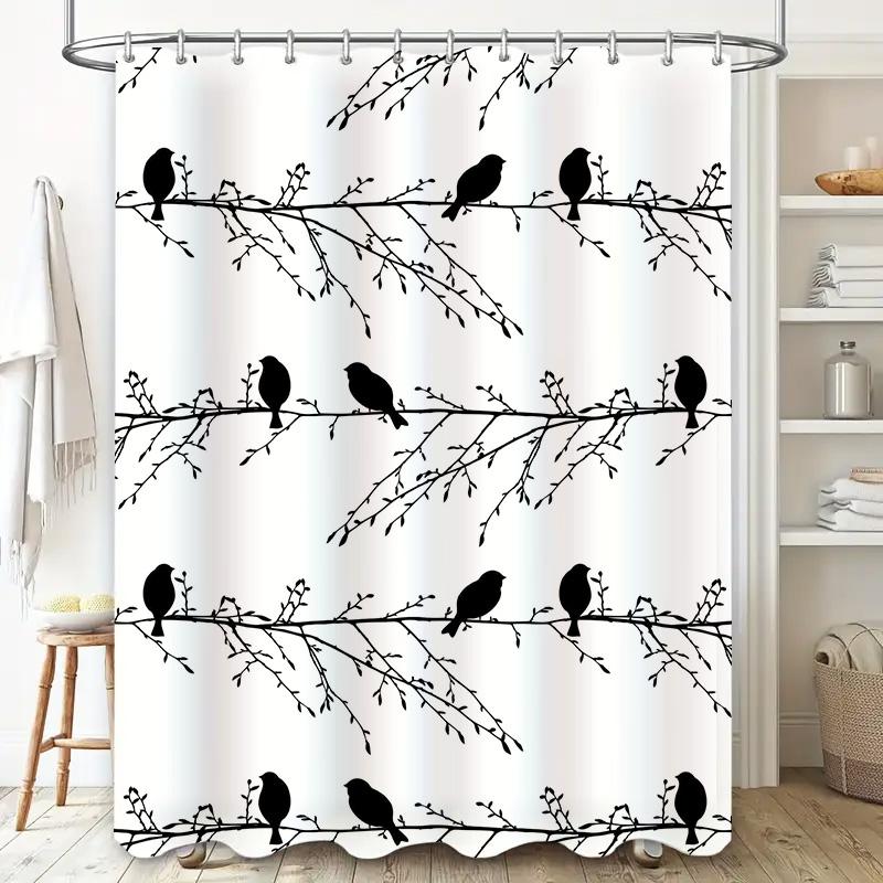 Modern White Shower Curtain with Black Bird Pattern for Bathroom Decor Perfect Fit Size 180x240cm