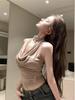 Khaki Backless Cowl Neck Halter Tank Top - Women's Summer Sleeveless Top