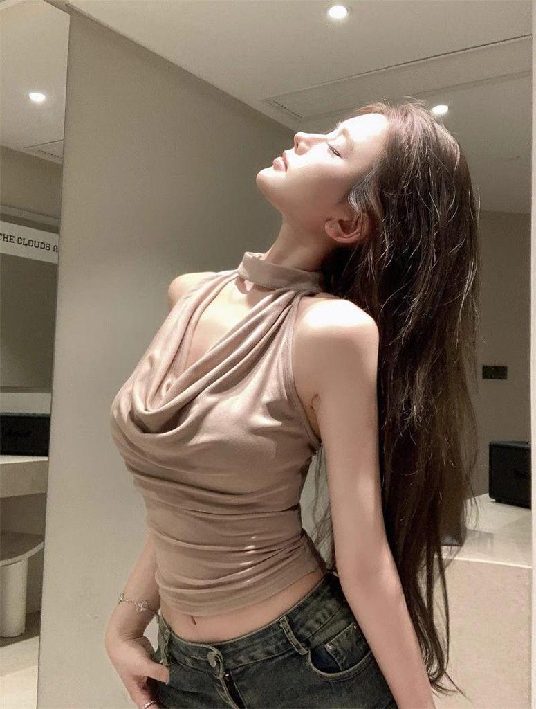 Khaki Backless Cowl Neck Halter Tank Top - Women's Summer Sleeveless Top