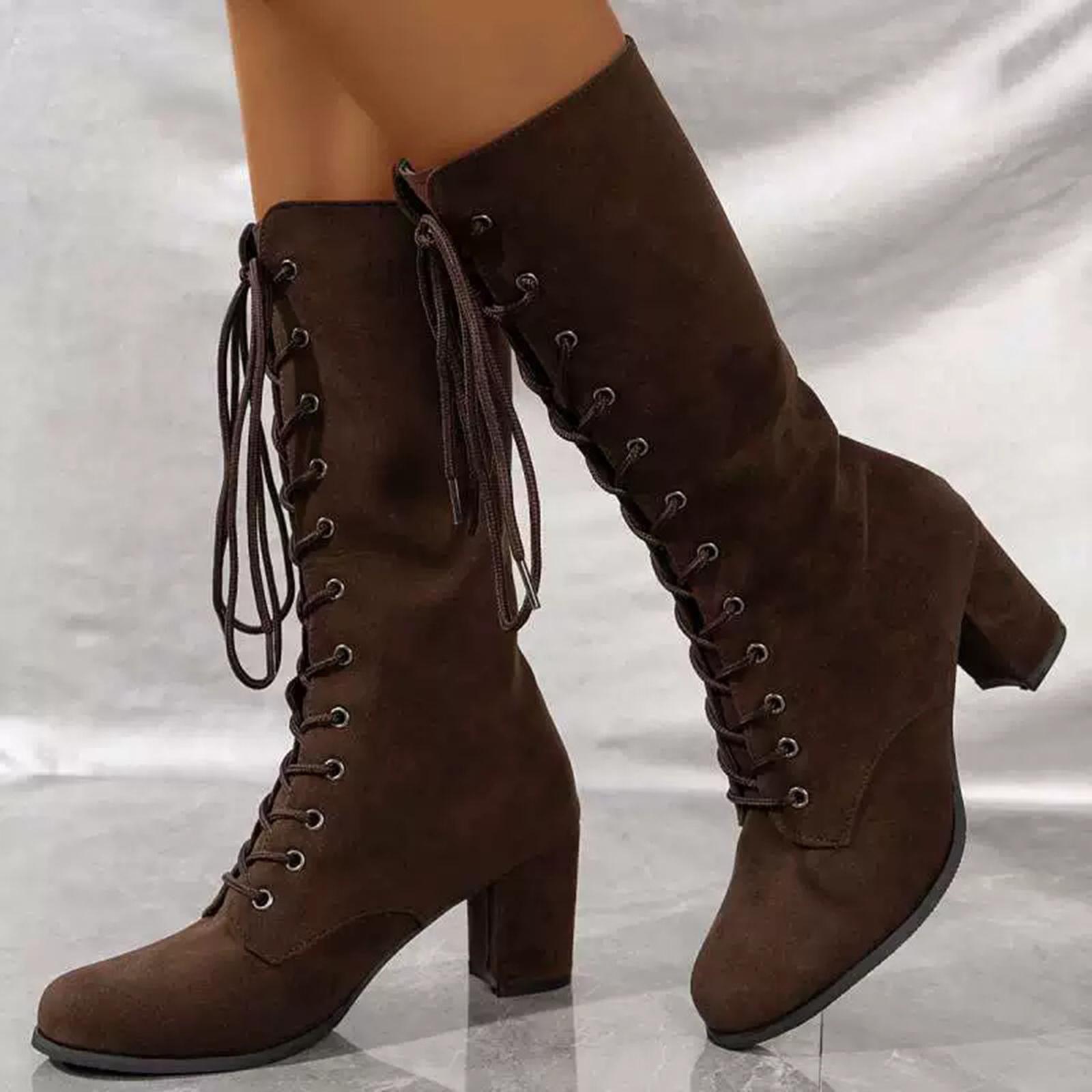

Women S Lace Up Winter High Boots Boots Round Toe Thick High Heel Fashion Boots Womens Knee High Boots Narrow Calf Women S Boots 37 кавовий