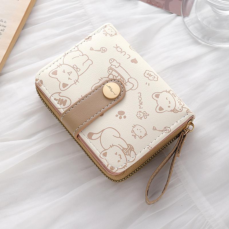 Cartoon Scrawl Cat Short Wallet Women Fashion Coin Purse PU Leather Large Capacity Wallet ID Card Holder Travel Cash Coin Bag