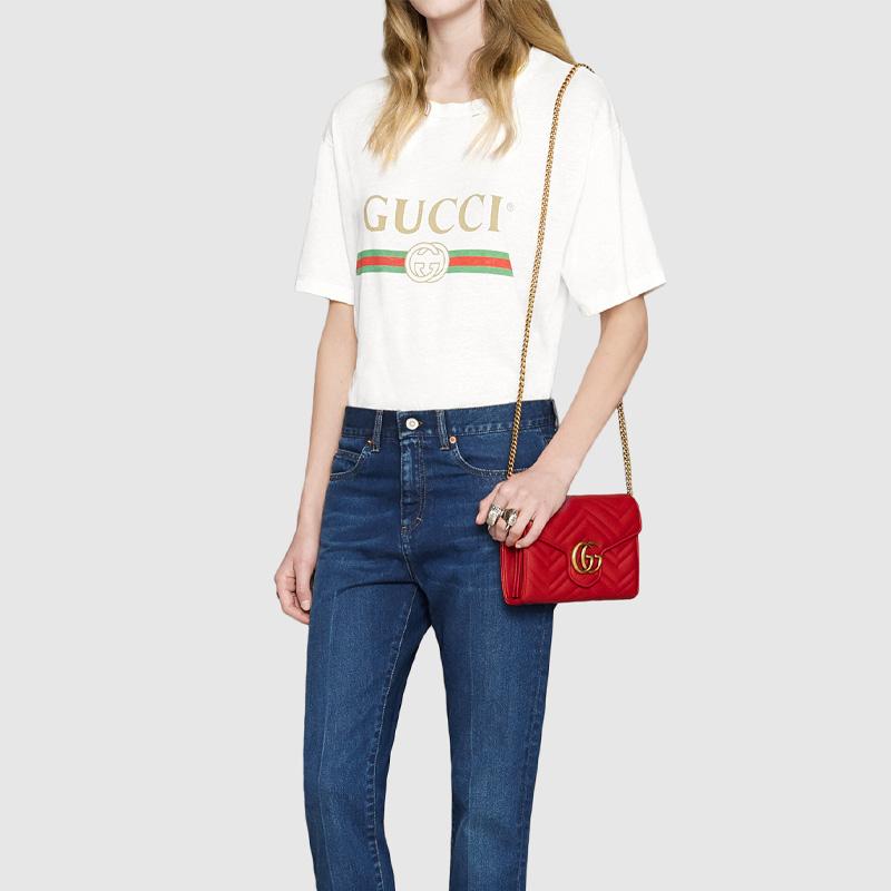 Gucci GG Marmont Vintage Logo Chain Leather Envelope Shoulder Bag Women Shoulder Bag Red 474575-DTD1T-6433