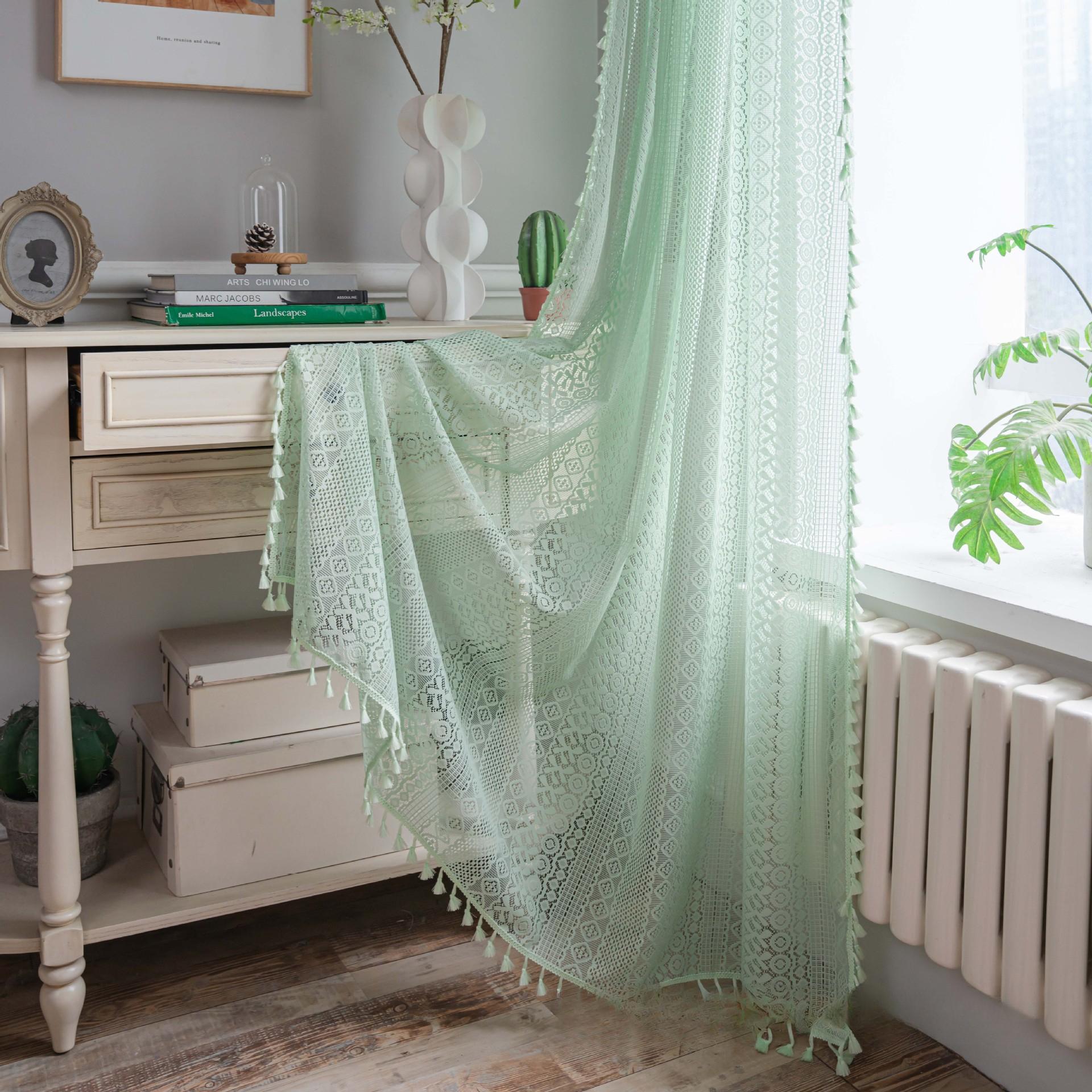 1 Stück Brokat Baumwolle Kettengewirkt Handwerk Vorhang mit Quasten für Wohnzimmer Schlafzimmer Heimdeko W150cm x L100cm hellgrüne