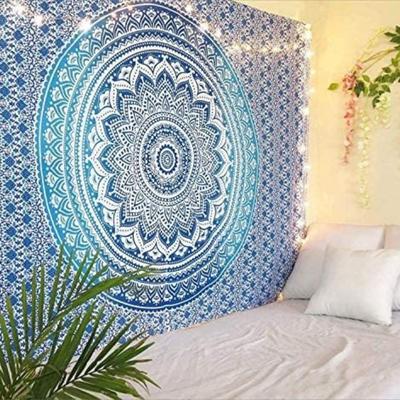 Indická tradičná mandala hippie nástenná dekorácia, bavlnená tapiséria ombre bohémska prikrývka (Modrá)