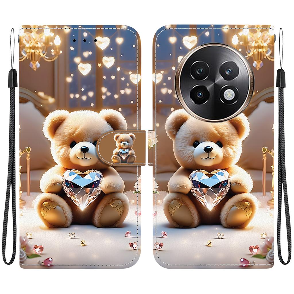 Handmade PU Leather Flip Case for Realme 13+ / Realme 13 Plus Anti-Slip Shockproof Cover with Wrist Strap & Heart/Rose Cat Designs