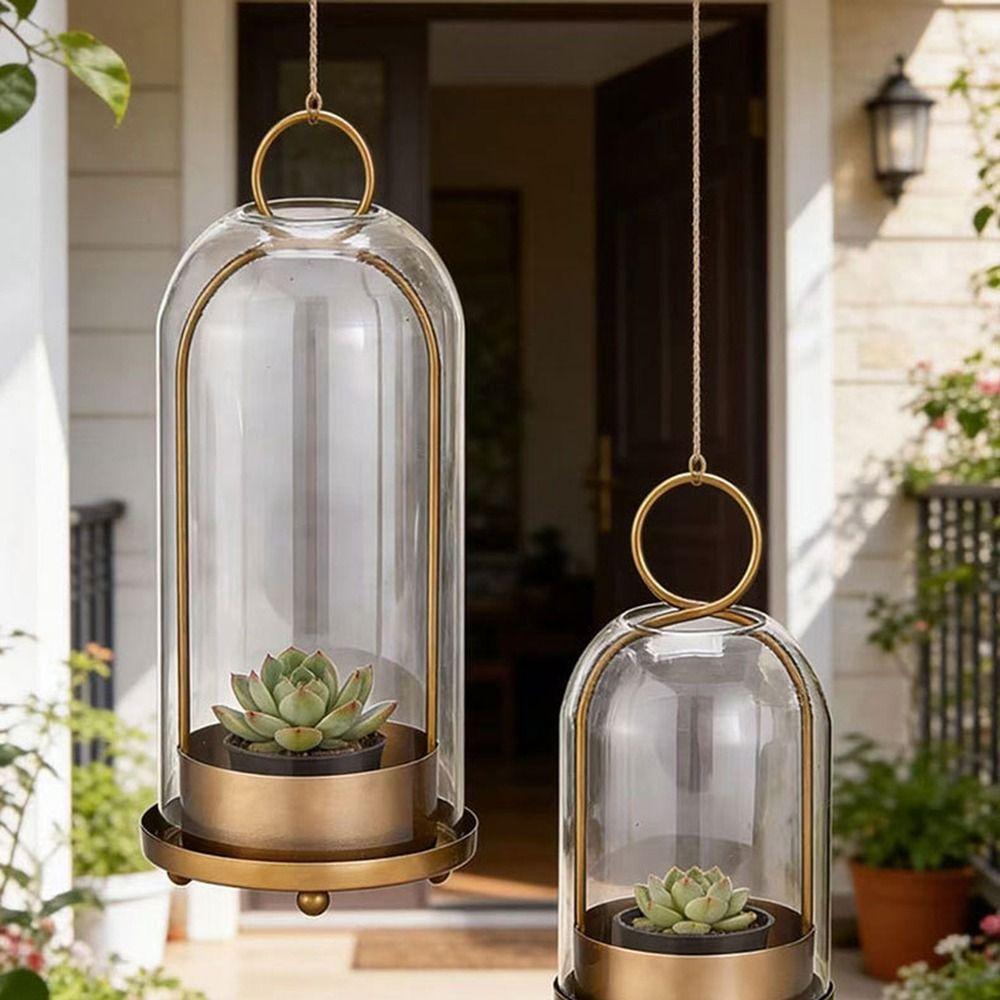 Vintage Brass Metal Candle Holder Set Glass Dome Table Candlelight Ornaments Hanging Decor