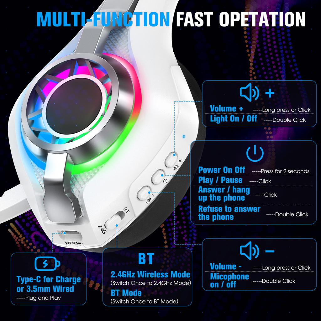 Wireless Gaming Hdset with 2.4GHz/ /Wired Modes, RGB Lighting Game Hdphones with Noise Canceling Mic, 7.1 Surround Sound, for PC, Game Console,