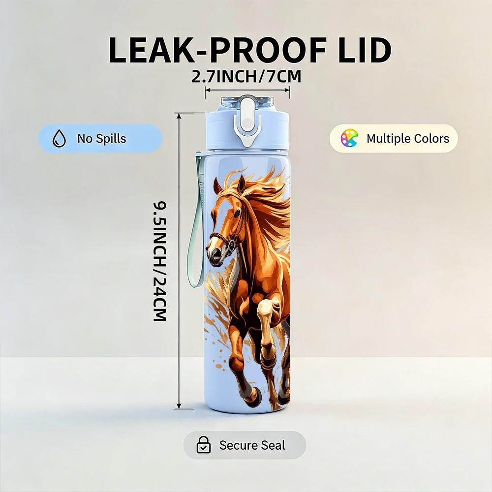 1PC Running Horse Watercolor Print 750ml Color Plastic Sports Water Bottle Leakproof Flip Straw Lid Suitable for Sports Office Home Use