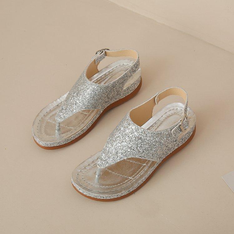 Foreign trade herringbone sandals summer new thick-soled wedge heel toe women's shoes buckle casual sequins retro large size sandals