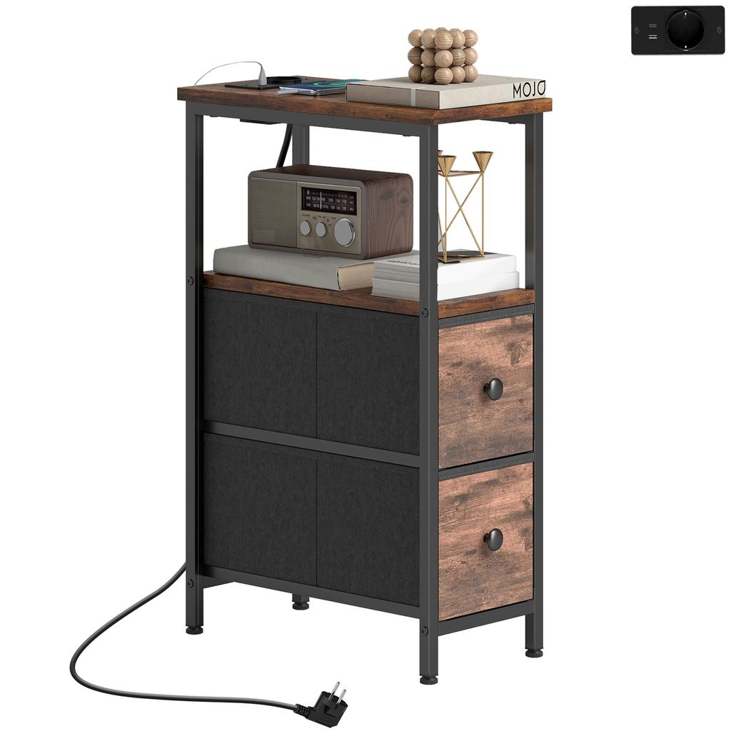 Side Table with Charging Station, Narrow Coffee Table, 2 Fabric Drawers, Open Shelf, Rustic Brown