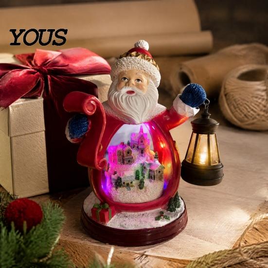 Santa Claus Resin Statue Christmas Figurine with LED Light, Glowing Statue, Snow Landscape Desktop Decoration for Party Favors
