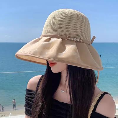 Summer Hat Women Beads Rope Chain Bucket Hat Sunshade Breathable Wide Brim Sun Hat Beach Accessories Sunhats Ladies New