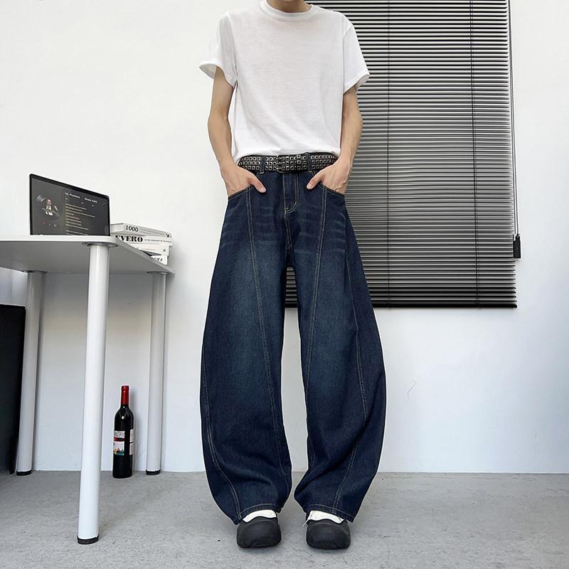 American retro scimitar jeans men's and women's trendy high street letter embroidery design sense loose wide-leg straight trousers