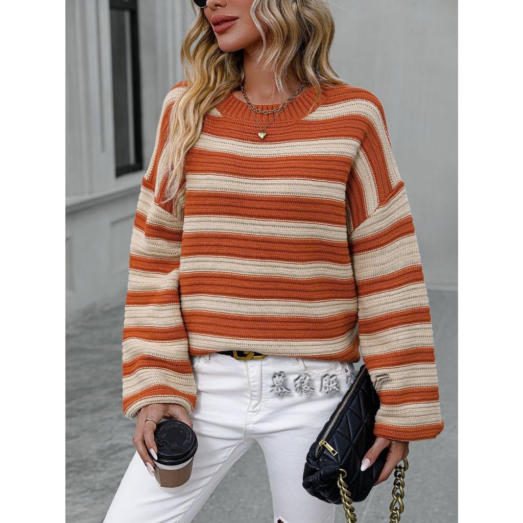Women's Crew Neck Long Sleeve Sweater Loose Fit Casual Horizontal Stripe Acrylic Knit Pullover