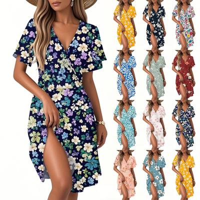 Damen Casual Fashion Kleid Vintage Floral Floral Kurzarm V-Ausschnitt Kleid