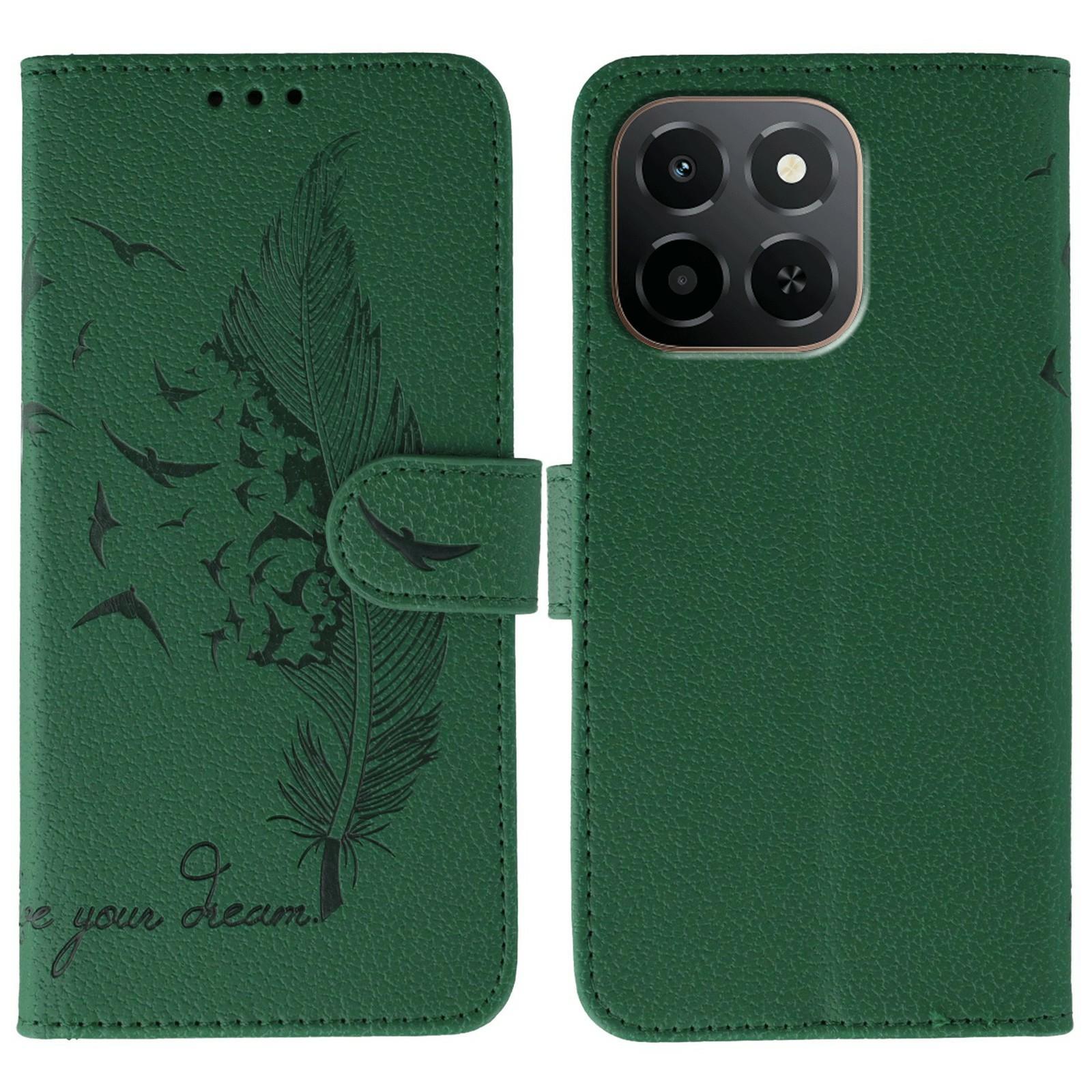 

For Honor X6c 4G Case Feather Imprint PU Leather Wallet Phone Cover Green
