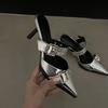 Fashion Rimocy Punk Goth Metal Buckle High Heels Women's Sandals Summer Pointed Toe Silver Party Shoes Fashion Womens Pumps Shoes