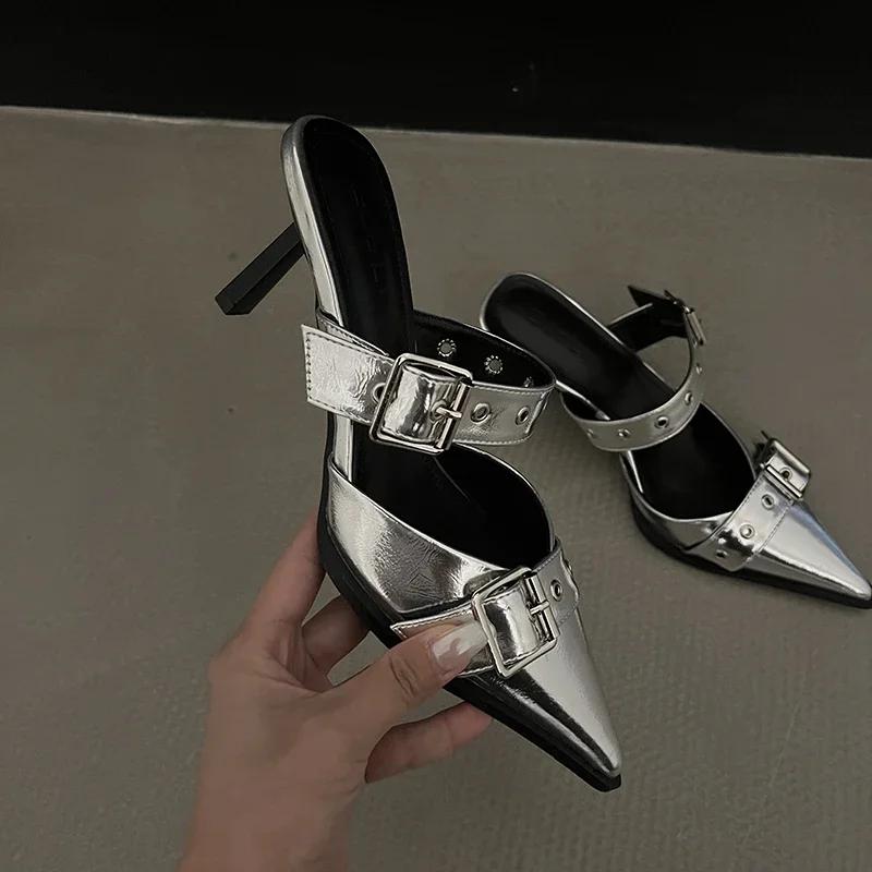 Fashion Rimocy Punk Goth Metal Buckle High Heels Women's Sandals Summer Pointed Toe Silver Party Shoes Fashion Womens Pumps Shoes